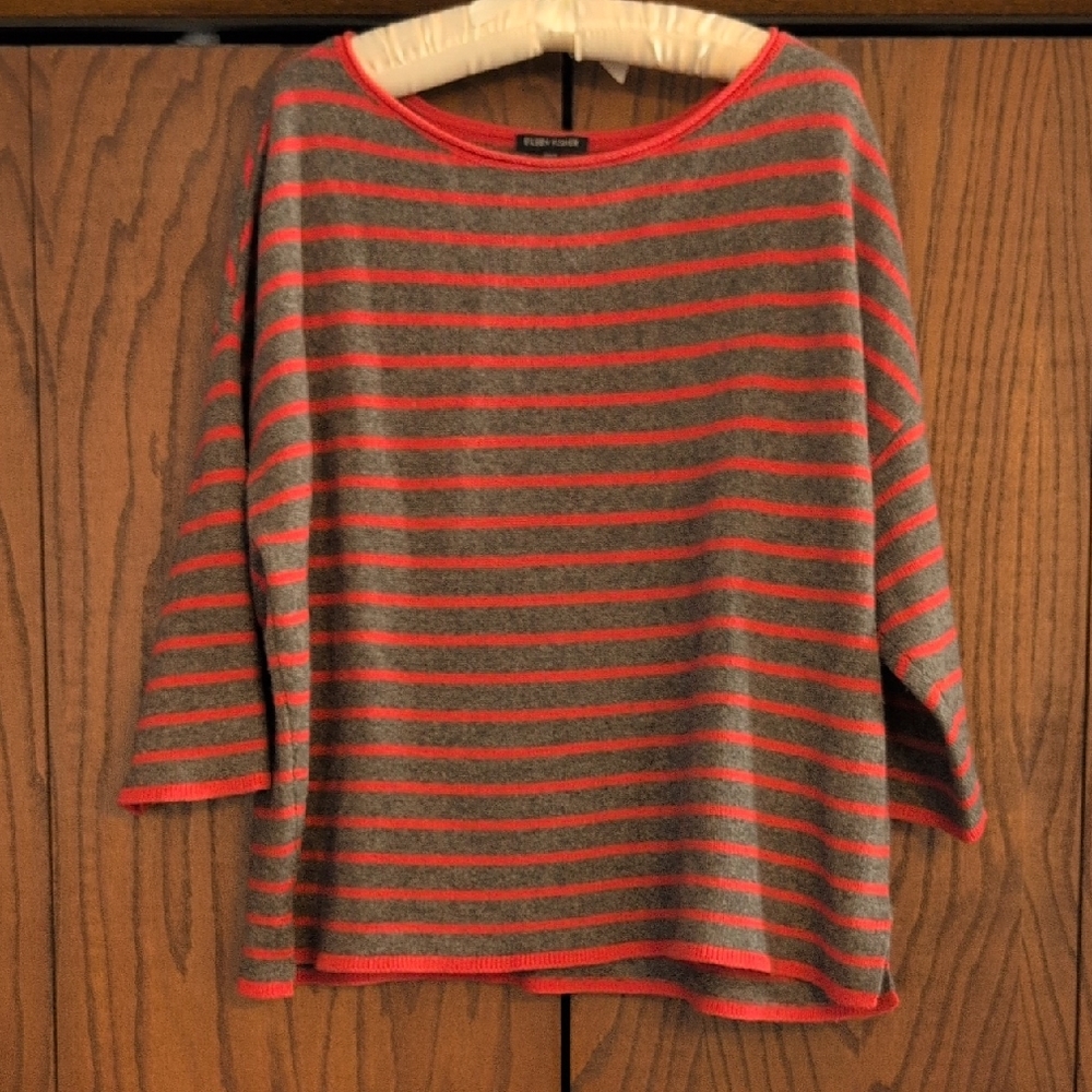Eileen Fisher Gray and Red Striped Sweater